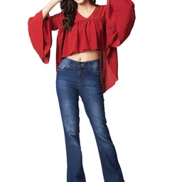 IZEL Women V-neck Bell Sleeve Crop Top image 3