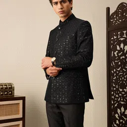 House of Pataudi Self Design Textured Jashn Bandhgala Blazer image 3