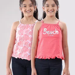 Pine Kids Singlet Sleeves Bio Washed Top Palm Leaves & Text Print Pack of 2 - Coral White image 1