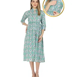 Zelena Three Fourth Sleeves All Over Printed Maternity & Nursing Dress - Green-image-29