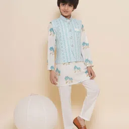 AJ Dezines Full Sleeves Shadow Striped Embellished Floral & Abstract Ethnic Pattern Motif Printed Kurta Pajama & Jacket Set - Blue-picture-17