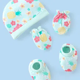 Babyhug 100% Cotton Knit Floral Print Cap Mittens & Booties - Blue-picture-24