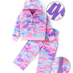 Ollington St. Cotton Knit Full Sleeves Hoodie & Lounge Pants Winter Wear Co-Ord Set With Camouflage & Text Print - Pink-picture-25