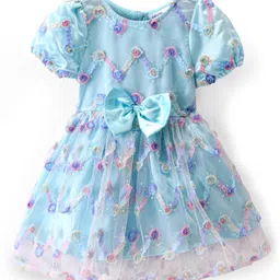 Babyoye Woven Half Sleeves Floral & SequinedEmbroidered Party Frock with Bow Applique - Light Blue-picture-24