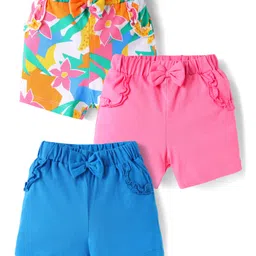 Babyhug Cotton Knit Mid Thigh Lenght Shorts with Floral Print & Bow Applique Pack of 3 - Blue White & Dark Pink-picture-13