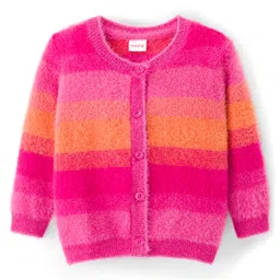 Babyhug Knit Full Sleeves Front Open Sweater with Stripes - Pink & Orange-picture-26