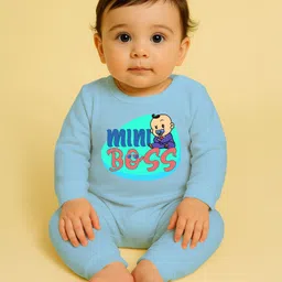 The Peppy Tend 100% Cotton Knit Full Sleeves Mini Boss Text Printed Romper - Blue-picture-12