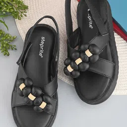 Steprite Velcro Closure Floral Applique Detailed Sandal - Black-picture-10