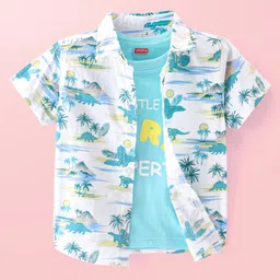 Babyhug Cotton Woven Half Sleeves Beach & Dino Printed Shirt with T-Shirt - Aqua Blue image 2