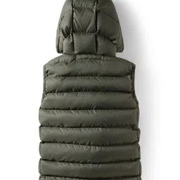 Babyhug Woven Sleeveless Hooded Padded Jacket With Play Time Patch - Olive Green image 2