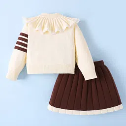 Mark & Mia Viscose Full Sleeves Front Open Pullover Sweater & Skirt Set with Frill Detailing - Beige & Brown image 2