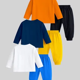 KUCHIPOO Cotton Blend Knit Pack Of 3 Full Sleeves Animals Space Theme & Typography Printed Tees & Joggers Set - Orange Navy Blue White Yellow Black & Blue image 3