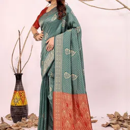 Moda Rapido Teal Woven Design Silk Cotton Kanjeevaram Sarees image 4