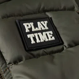 Babyhug Woven Sleeveless Hooded Padded Jacket With Play Time Patch - Olive Green image 3