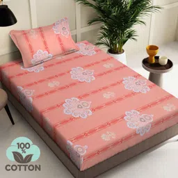 Myntra Elegant Homes Orange & White Floral 400 TC Single Bedsheet with 1 Pillow Covers-image-11