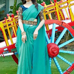 K 5 Fashion Organza Soild Two Tone Belted Saree With Unstitched Blouse Piece image 5