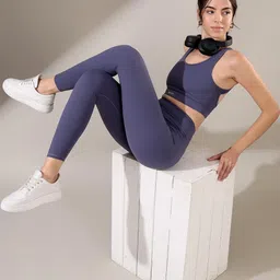 Fitkin Blue Nylon Non-Wired Removable Padding Workout Bra image 5