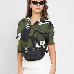 People Women Abstract Printed Lapel Collar Crop Top-picture-18