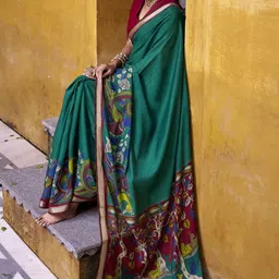 LOOKNBOOK ART Women Teal Chanderi Kalamkari Printed With Zari Weaving Polyester Sarees image 5