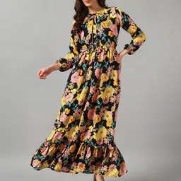 Raiyani Enterprise Women Floral Printed Tie-Up Neck Tiered Fit & Flare Maxi Dress-picture-34
