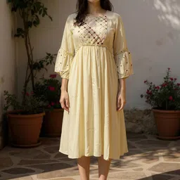 Rangita Geometric Embroidered Fit & Flared Puff Sleeves Midi Dress-image-18