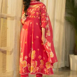 Indo Era Women Floral Printed Regular Beads and Stones Pure Cotton Kurta with Trousers & With Dupatta image 2