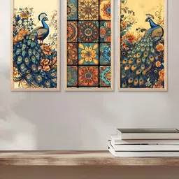 WALLLANE Brown & Navy Blue 3 Pieces Birds and Animals Traditional Printed Wooden Wall Art-image-45