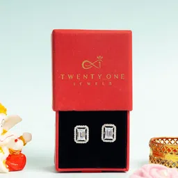 Twenty One Jewels 925 Sterling Silver Rhodium-Plated Zircon Square Shaped Studs Earrings-picture-16