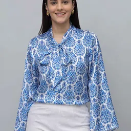 PURYS Print Tie-Up Neck Bell Sleeve Satin Top-picture-12