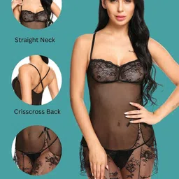 Ribald The Neech Women Sheer Lace Babydoll With Matching Brief image 5