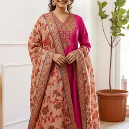 KALINI Women Floral Embroidered Regular Thread Work Pure Cotton Kurta with Trousers & With Dupatta image 2