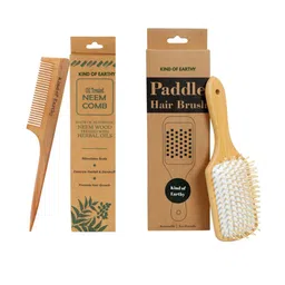 Kind of Earthy Set Of 2 Kacchi Neem Fine Tooth Comb & Bamboo Paddle Hair Brush image 2