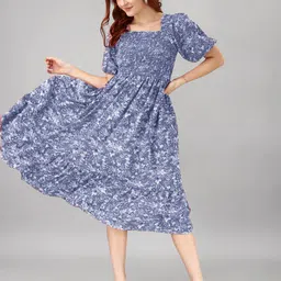Krunal Raiyani Women Printed Smocked Flounce Fit and Flare Midi Dress-image-42
