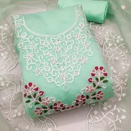 BlissFlair Floral Embroidered Organza Thread Work Unstitched Dress Material-image-62