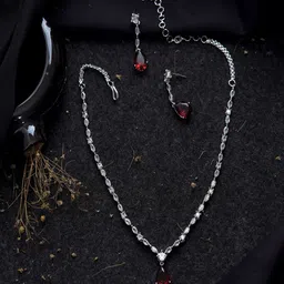 Gemron Jewel Rhodium-Plated Red American Diamond Studded Necklace with Earrings-image-63