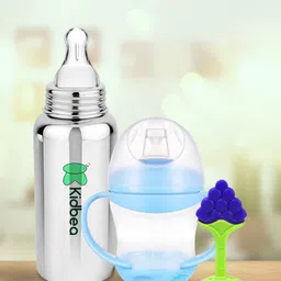 Kidbea Infant 3Pcs Blue & Purple Milk Bottle, Sipper & Teether Feeding Bottles image 1