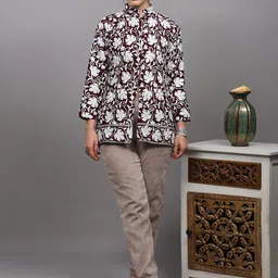 Exotic India Women Floral Woollen Longline Open Front Jacket image 2