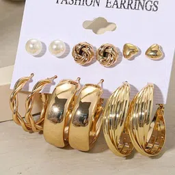 JaiShree Jewels Women Set Of 6 Pair Gold-Plated Geometric Hoop Earrings-image-99