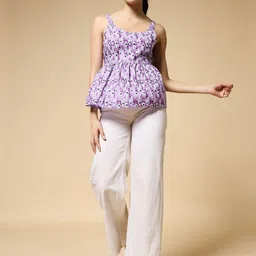 Womenster Women Peacock Motif Printed Scoop Neck Cotton Peplum Top-image-23