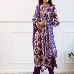 Anouk Purple Floral Printed Mandarin Collar Straight Kurta With Trousers & Dupatta image 4