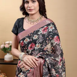 Moda Rapido Floral Zari Linen Blend Saree image 4