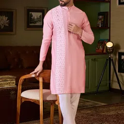 CHHAAP Men Floral Embroidered Sequinned Summer Sheers Kurta-picture-17