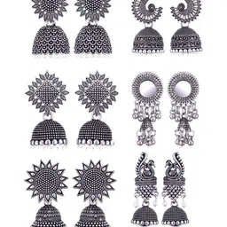 DIVASTRI Set Of 6 Women Oxidized Silver-Plated Jhumkas With Post and Back-picture-27