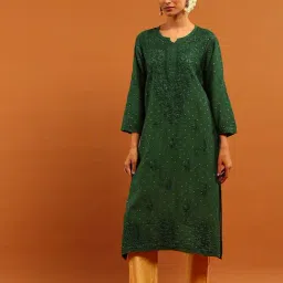 House Of Chikankari Green Chanderi Regular Fit Kurta-image-89