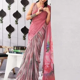 Satrani Rose Pink Floral Print Saree With Unstitched Blouse image 2
