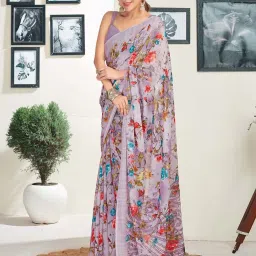 Satrani Dusty Purple Floral Print Saree With Unstitched Blouse image 2