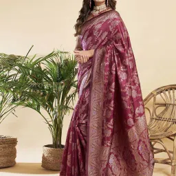 Satrani Maroon Silk Woven Saree With Unstitched Blouse image 2