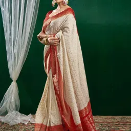 Satrani Cream & Red Woven Saree With Unstitched Blouse image 2