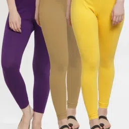 Gracit Yellow & Purple Mid Rise Leggings - Pack Of 3-image-6