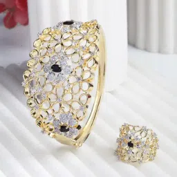 Zeneme Gold Plated Black AD Studded Celebrity Inspired Kada Style Bracelet & Ring Set-picture-14